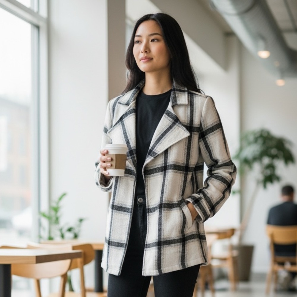 Black and White Plaid Fleece Blazer Open Front Jacket Shacket Size M Fall Winter